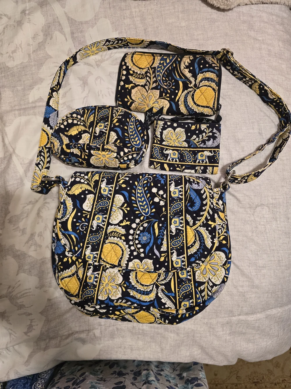Quilted Floral Crossbody Bag Set in Navy, Yellow & White